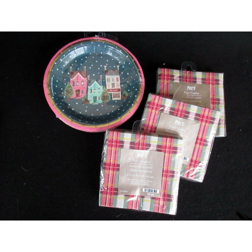 Pier 1 Imports Set Christmas Salad/Dessert Paper Plates/Napkins Village Night - Picture 1 of 5